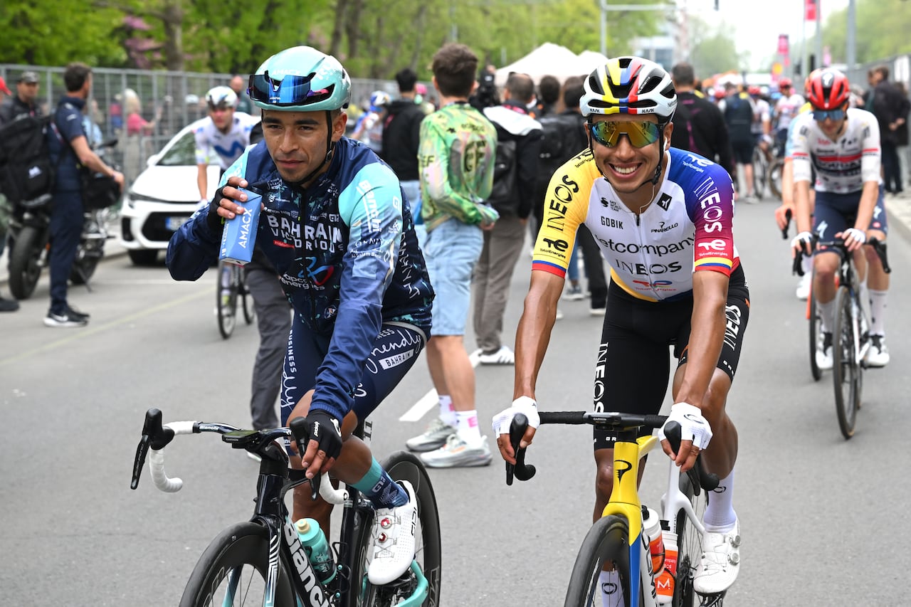 BURGAS, BULGARIA - MAY 08: (L-R) Santiago Buitrago of Colombia and Team Bahrain - Victorious and Egan Bernal of Colombia and Netcompany INEOS Cycling Team react after the 109th Giro d'Italia 2026, Stage 1 a 147km stage from Nessebar to Burgas / #UCIWT / on May 08, 2026 in Burgas, Bulgaria. (Photo by Dario Belingheri/Getty Images)