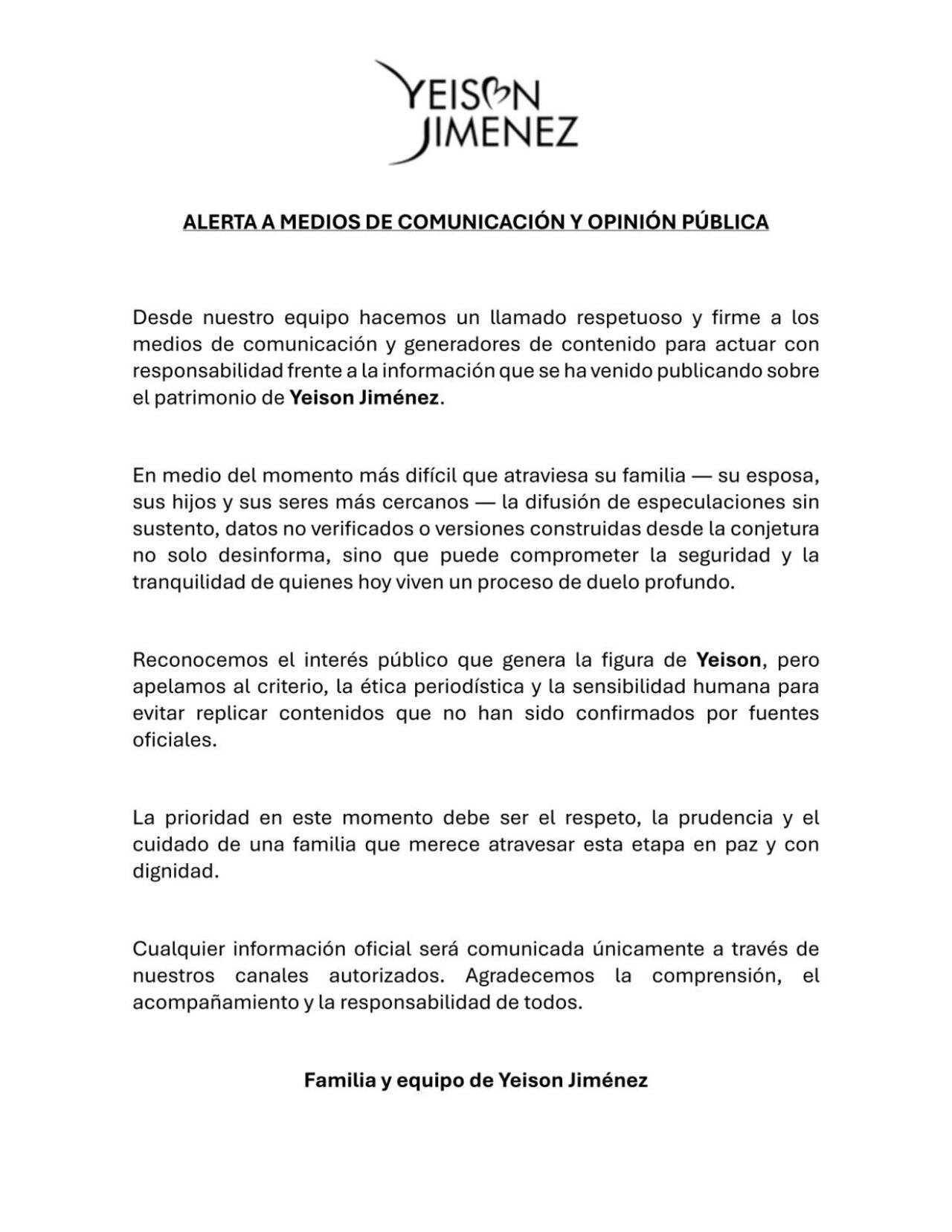 Comunicado equipo Yeison Jiménez