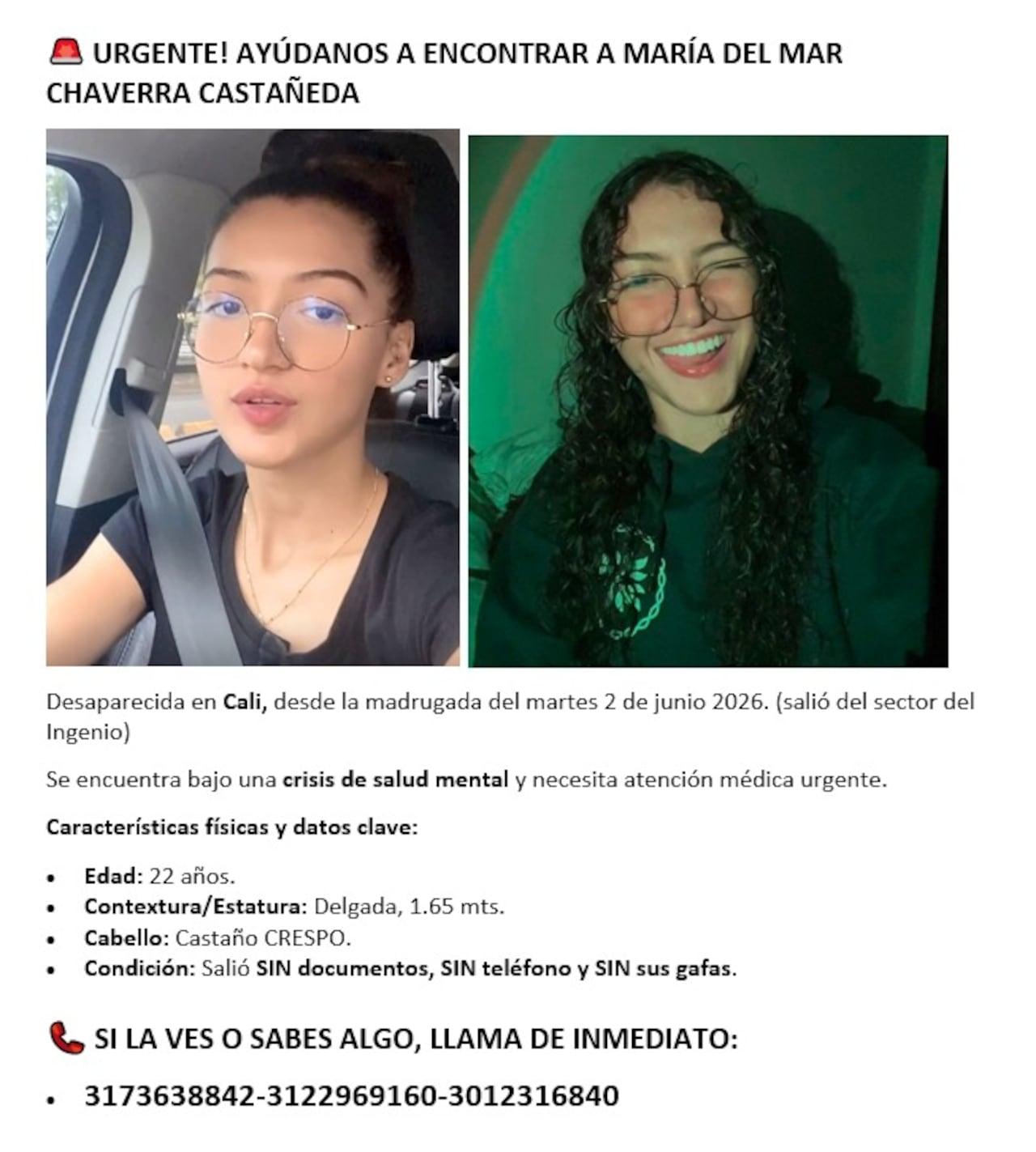 María del Mar desapareció la madrugada del 2 de junio en el barrio El Ingenio. Tiene el cabello castaño rizado, una pequeña herida en el pulgar de la mano