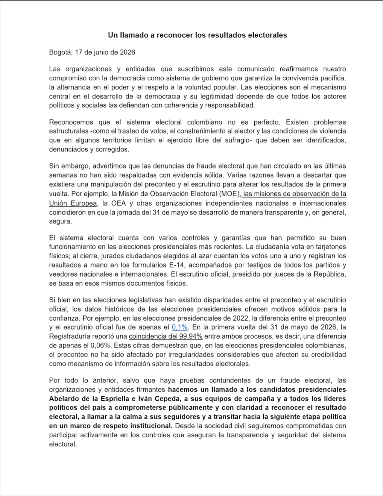 A través de un comunicado, la MOE explicó el proceso electoral y cómo se garantiza la transparencia.