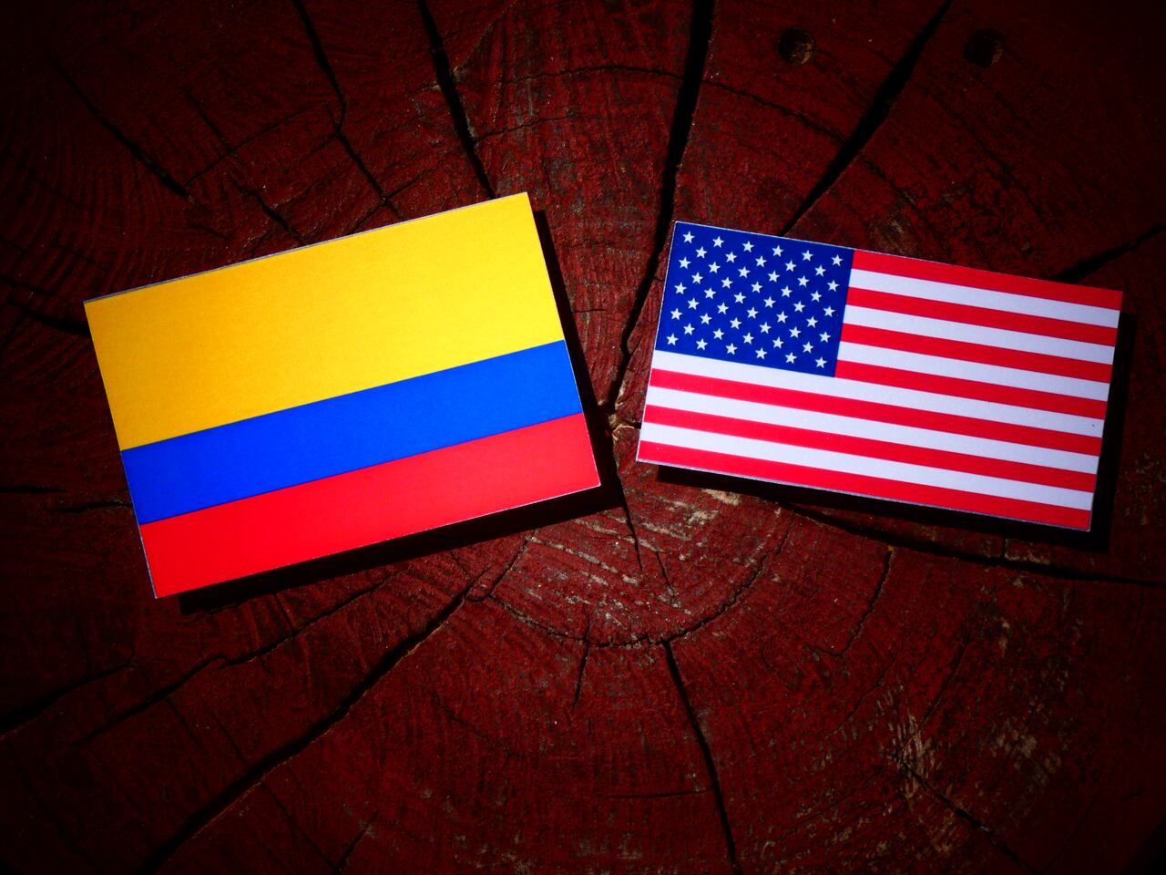 Colombian flag with USA flag on a tree stump isolated