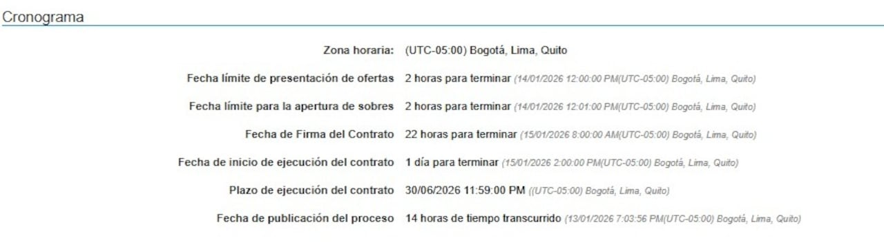 Este es el cronograma del proceso licitatorio de uno de los procesos.