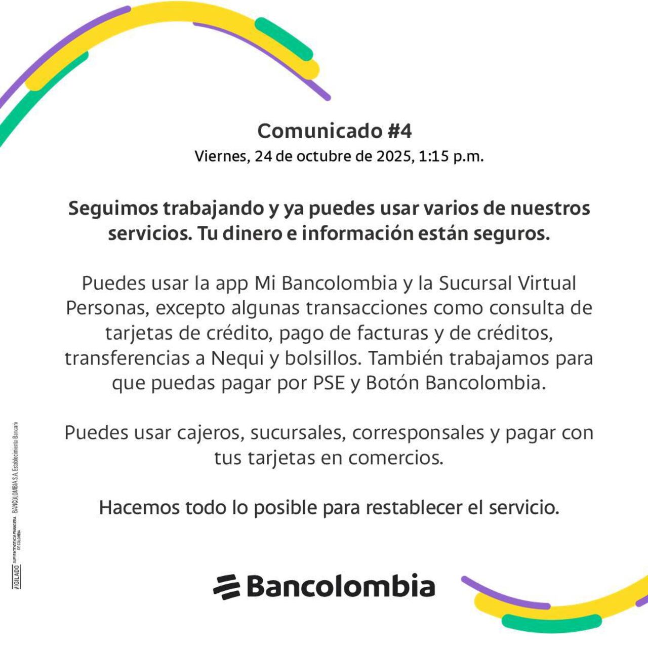 Comunicado de Bancolombia anunciando que se empezaron a normalizar los servicios digitales.