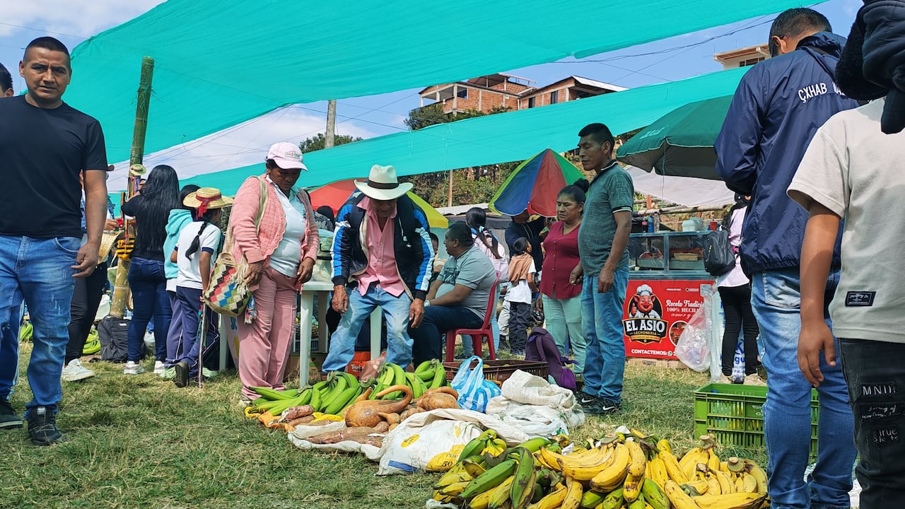 Seis ‘chivas’ cargadas de productos y personas llegaron desde diferentes zonas del norte del Cauca hasta la cancha principal del resguardo de Tacueyó para participar en el primer Trueque de Integración y Reconciliación por la Paz.