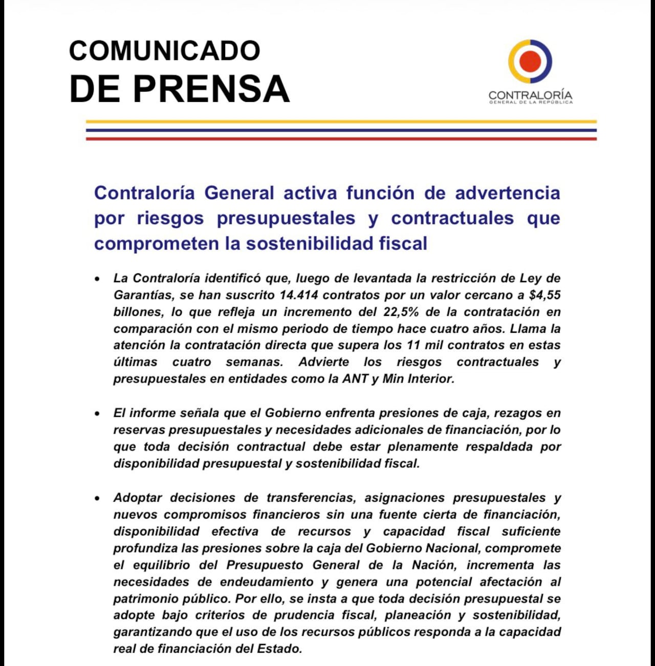 La Contraloría advirtió por aumento de contratos directos en los últimos días del gobierno de Gustavo Petro.