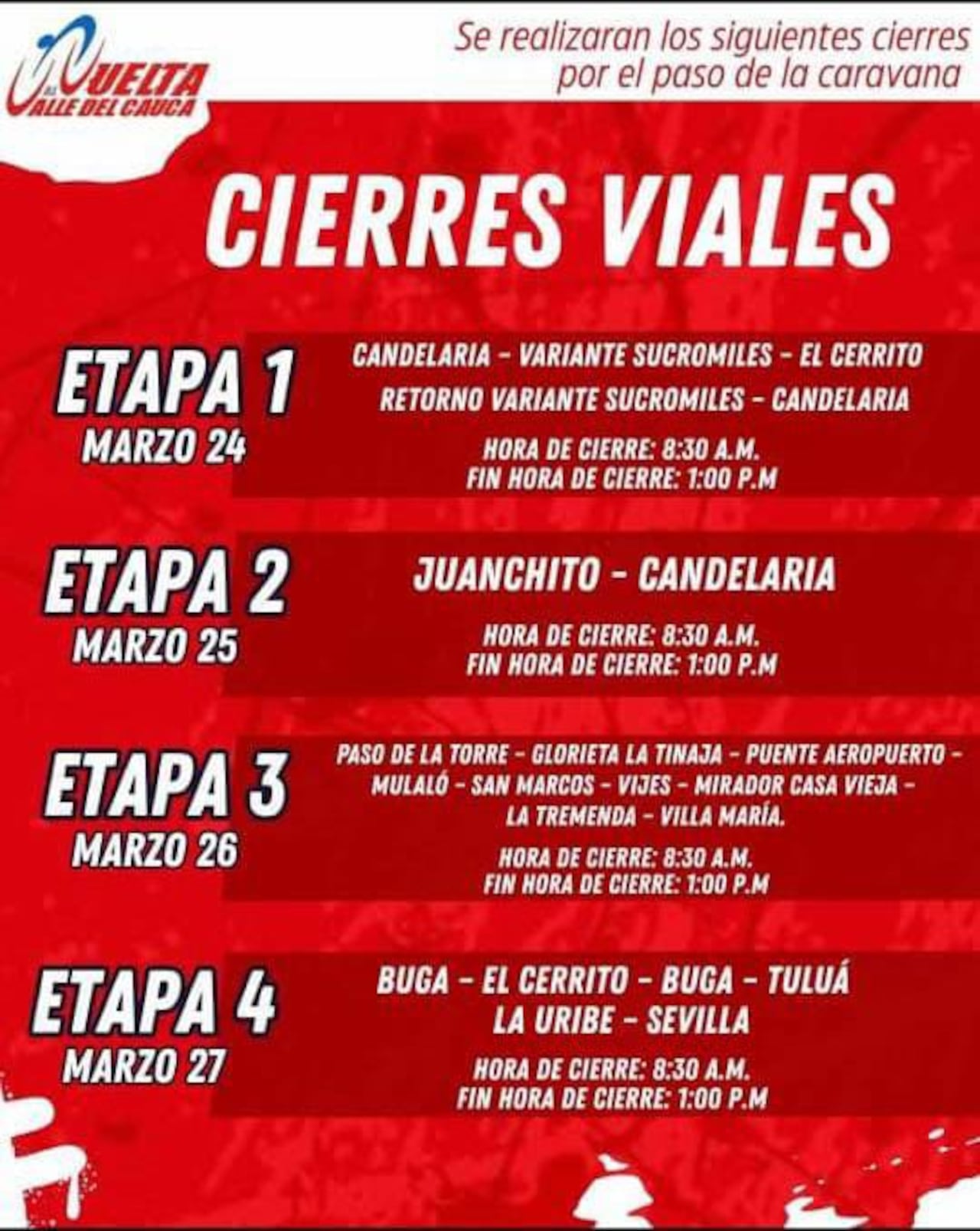 Estos son algunos de los cierres viales que se harán en el Valle del Cauca por la carrera.