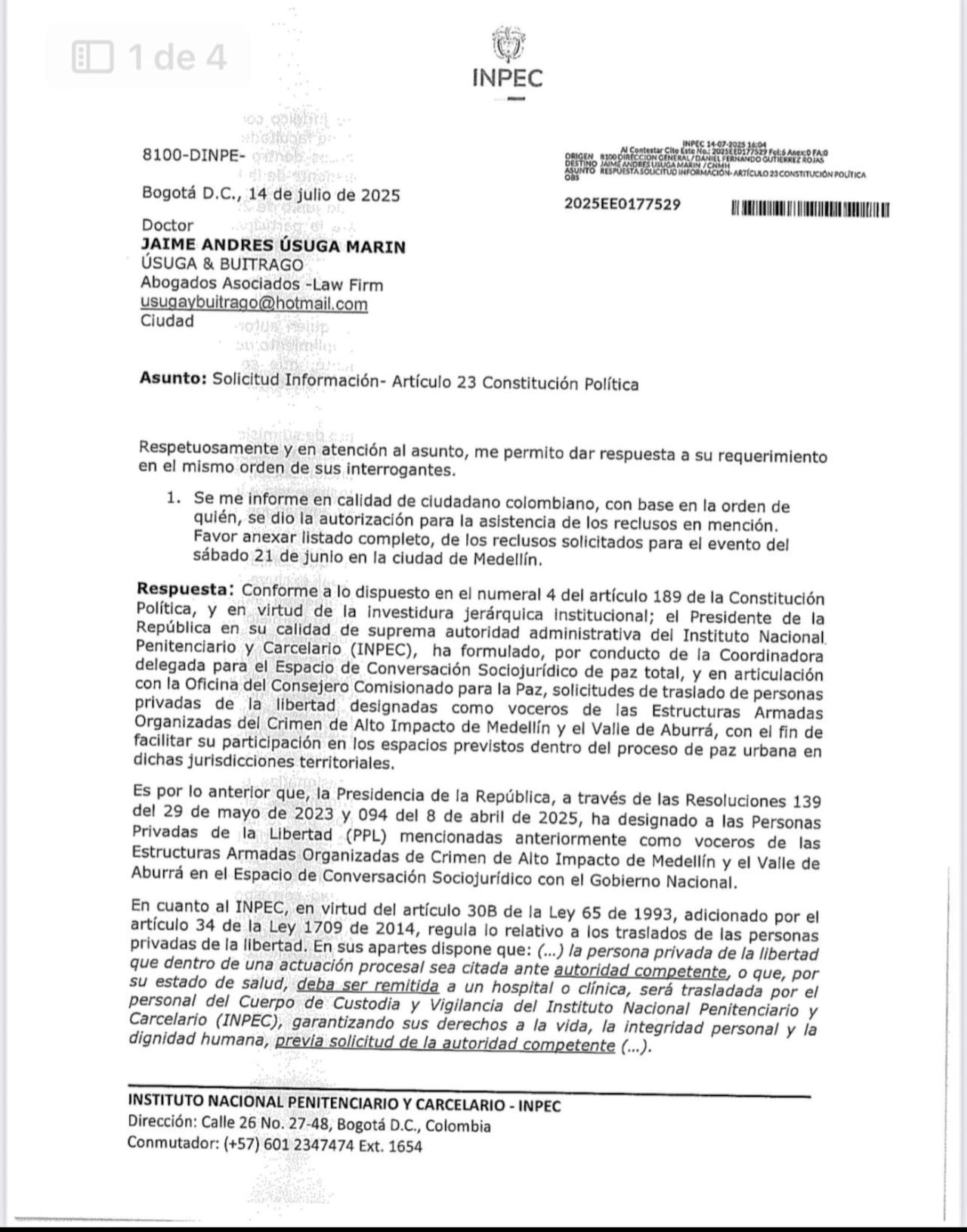 Inpec revela minuta del polémico evento con cabecillas criminales en Medellín