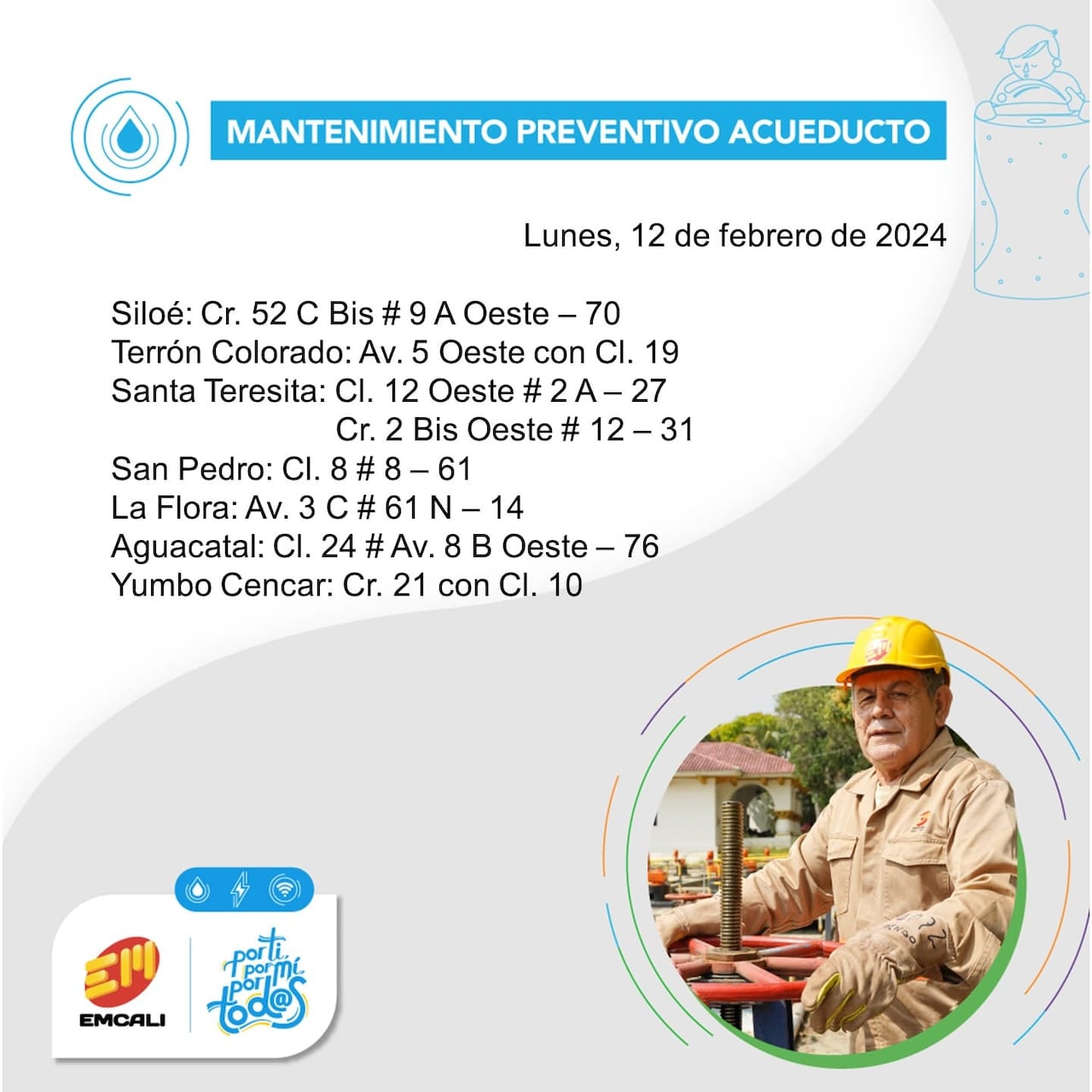 Sectores donde se realizarán trabajos preventivos en las redes de acueducto por parte de Emcali.