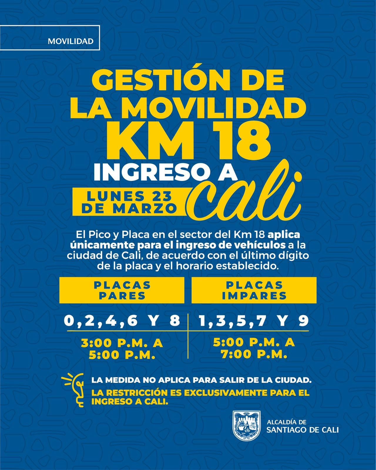 La movilidad en Cali tendrá una modificación puntual este lunes festivo 23 de marzo.