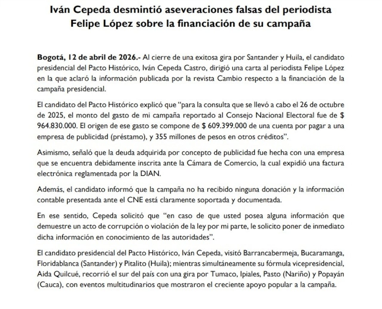 Este fue el comunicado emitido por Iván Cepeda en el que rechaza las acusaciones hechas por la Revista Cambio.