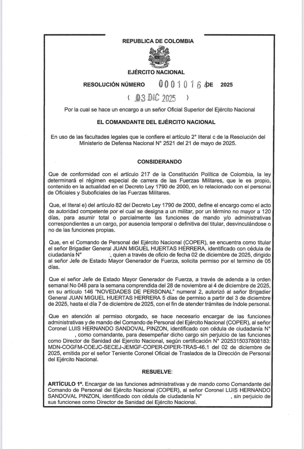juan Miguel Huertas, jefe del Comando de Personal del Ejército, mencionado en los archivos de alias 'Calarcá'.