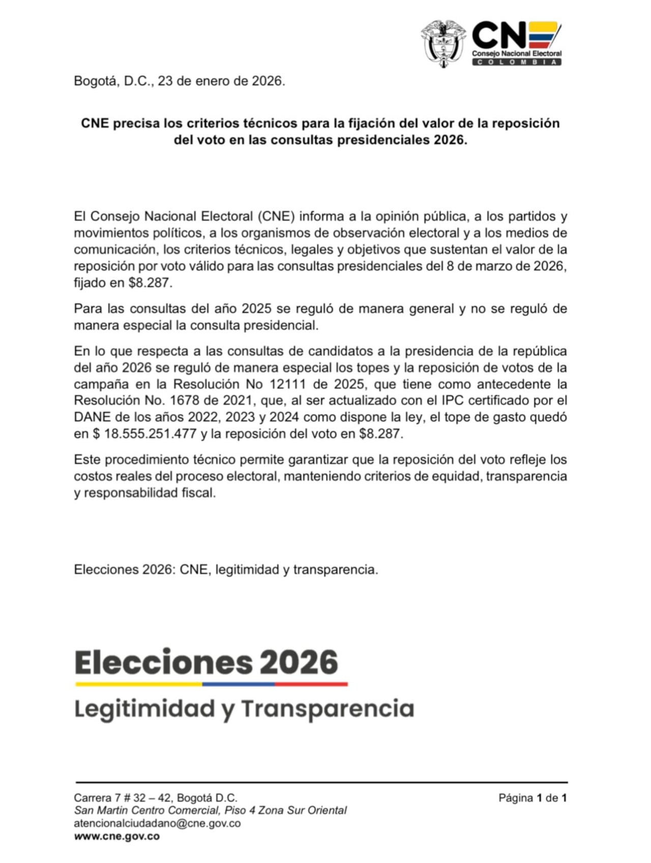 La autoridad electoral confirmó que el Estado reconocerá $8.287 por cada voto válido en las consultas.