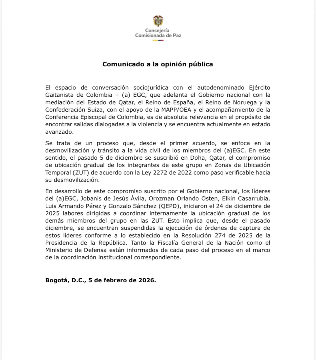 Comunicado delegación de paz del Gobierno con el Clan del Golfo