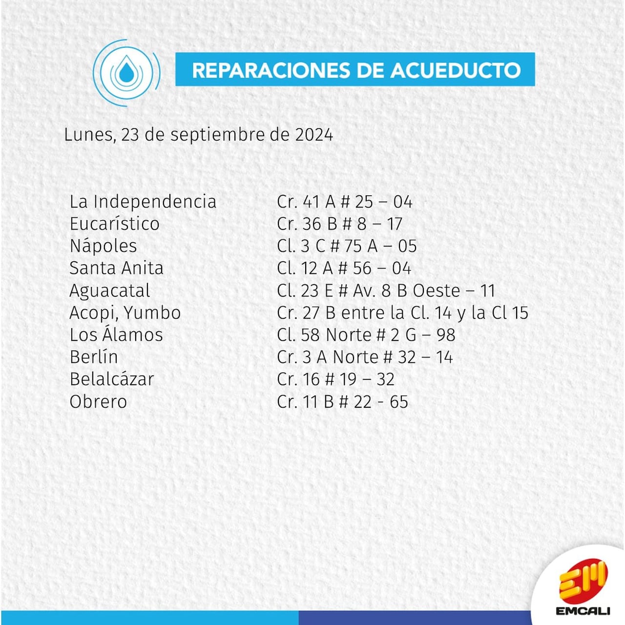 Estos son los barrios que tendrán cortes de agua.