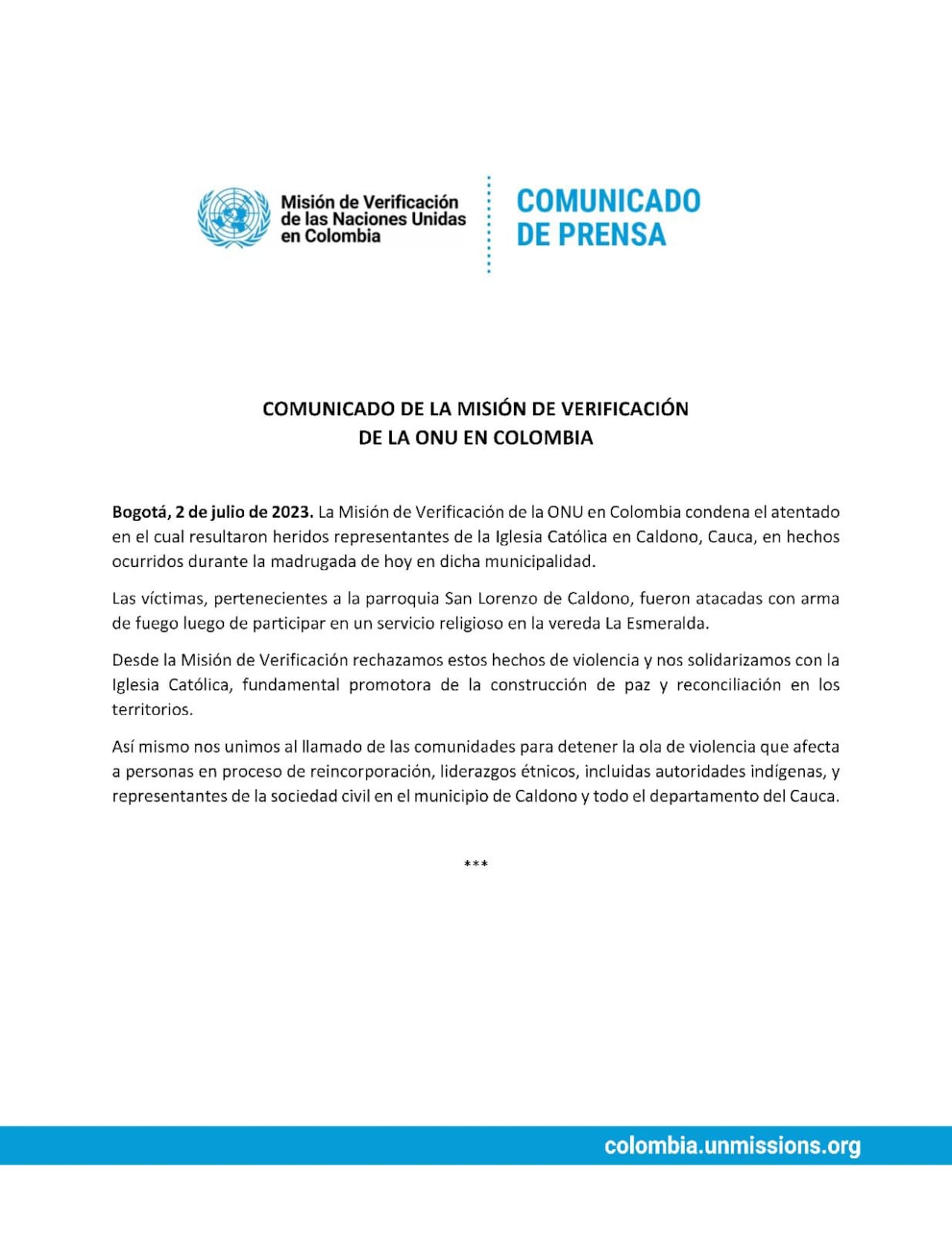 Este es el documento en el que la Misión de la ONU en Colombia expresa su rechazo a los hechos y se solidariza con la iglesia.