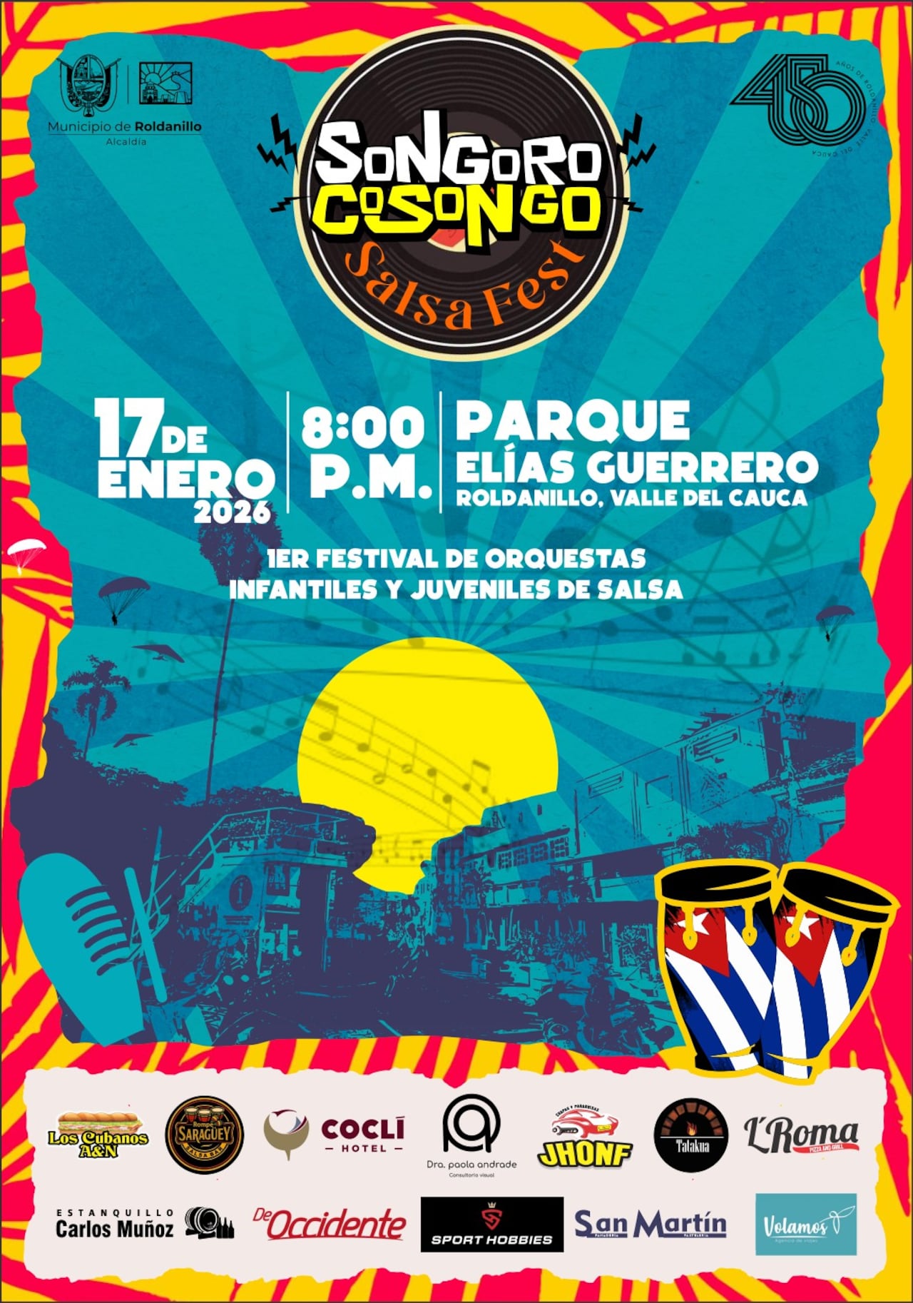 A partir de las 8:00 de la noche, el Songorocosongo Salsa Fest convertirá el Parque Principal Elías Guerrero en un punto de encuentro para la música, la memoria y el presente salsero del municipio.