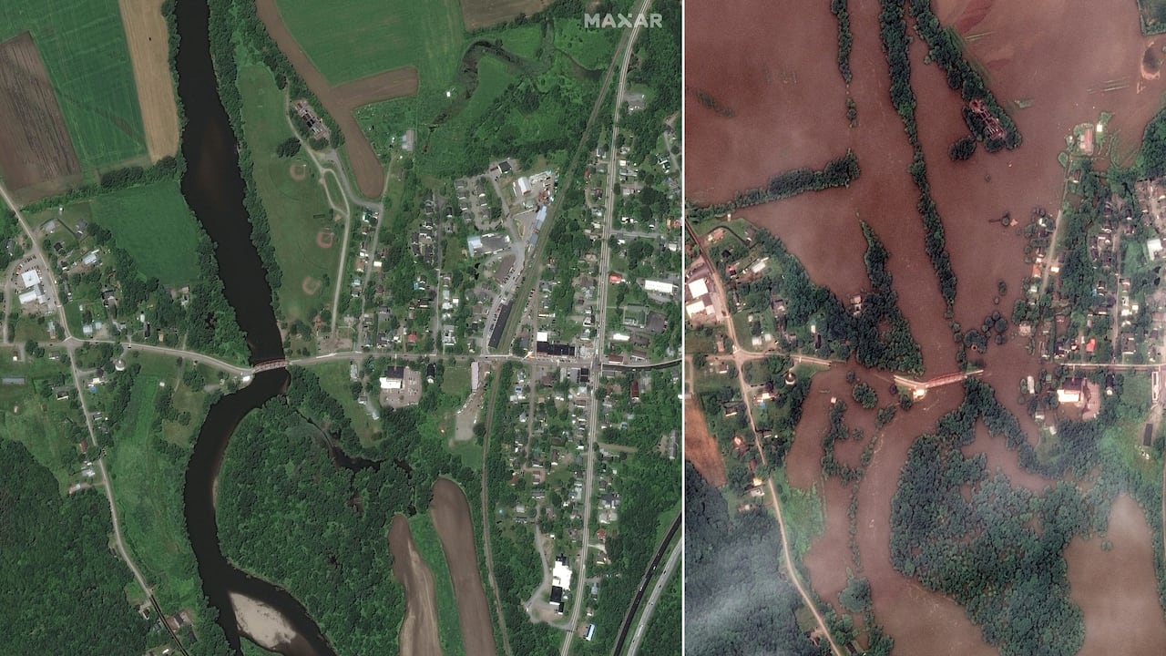 Estas imágenes satelitales del folleto de Maxar Technologies muestran río Winooski en Richmond, Vermont, el 27 de junio de 2019 (izquierda) y el 11 de julio de 2023, después de que las fuertes lluvias desencadenaran inundaciones.
