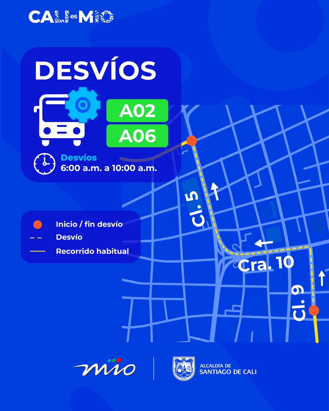 Los desvíos temporales afectarán de forma directa a las rutas A02 y A06 en el trayecto que conecta el sector central con la zona oeste.
