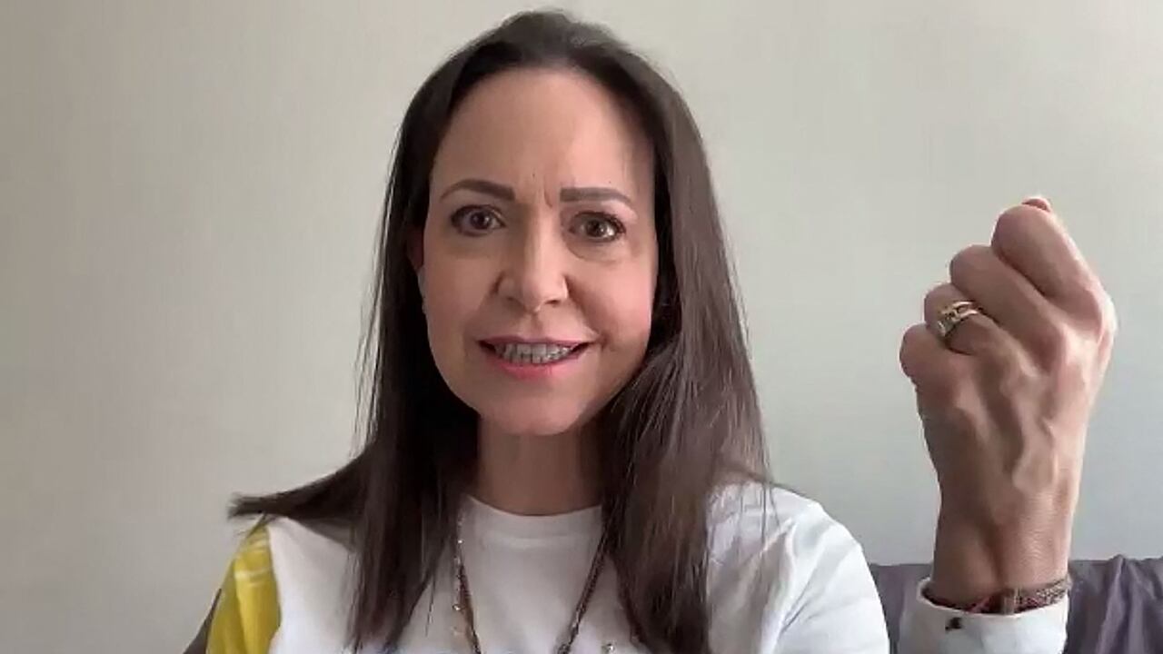 María Corina Machado hablando durante una conferencia de prensa virtual en Caracas