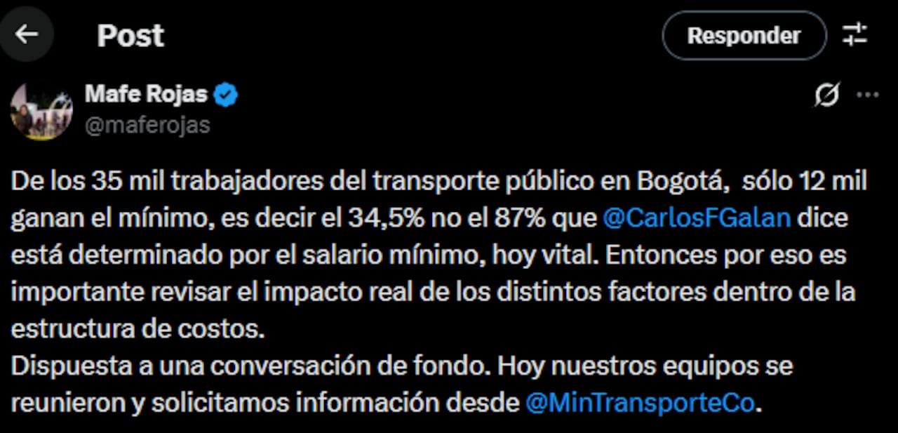 Según Rojas, de los 35.000 trabajadores del sistema de transporte público en Bogotá, solo 12.000 devengan el salario mínimo.
