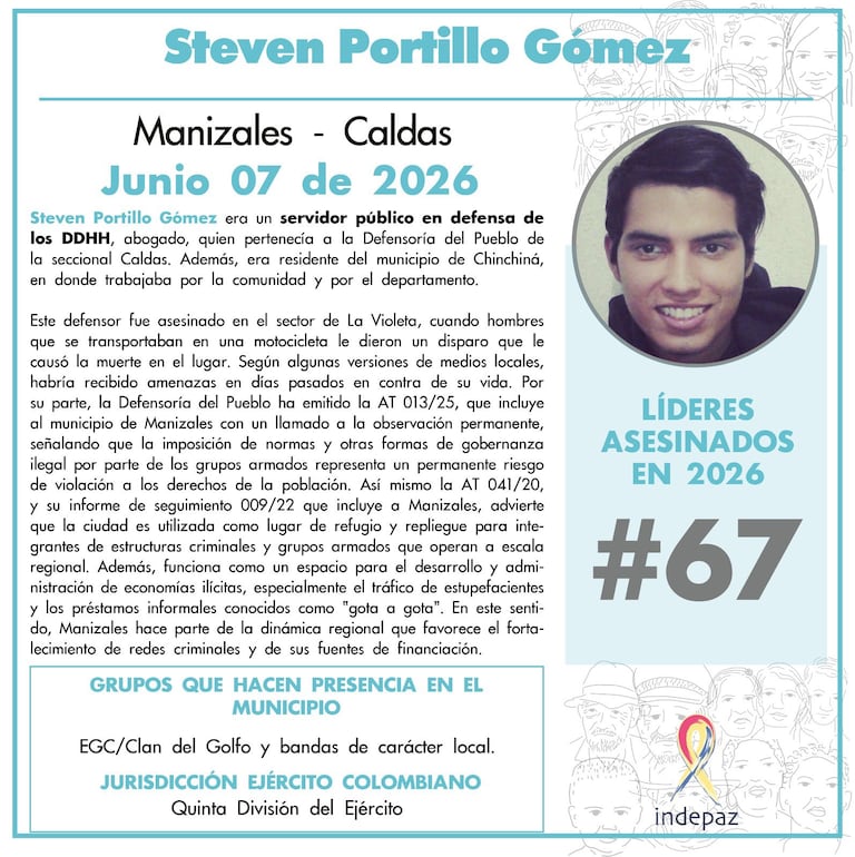 Steven Portillo Gómez trabajaba en la Defensoría del Pueblo de Caldas y era reconocido por su labor comunitaria.
