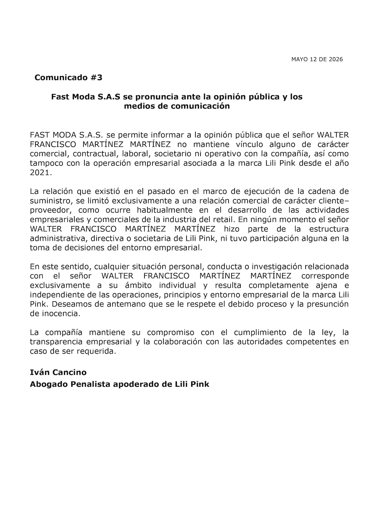 Este es el comunicado emitido por la firma Fast Moda.