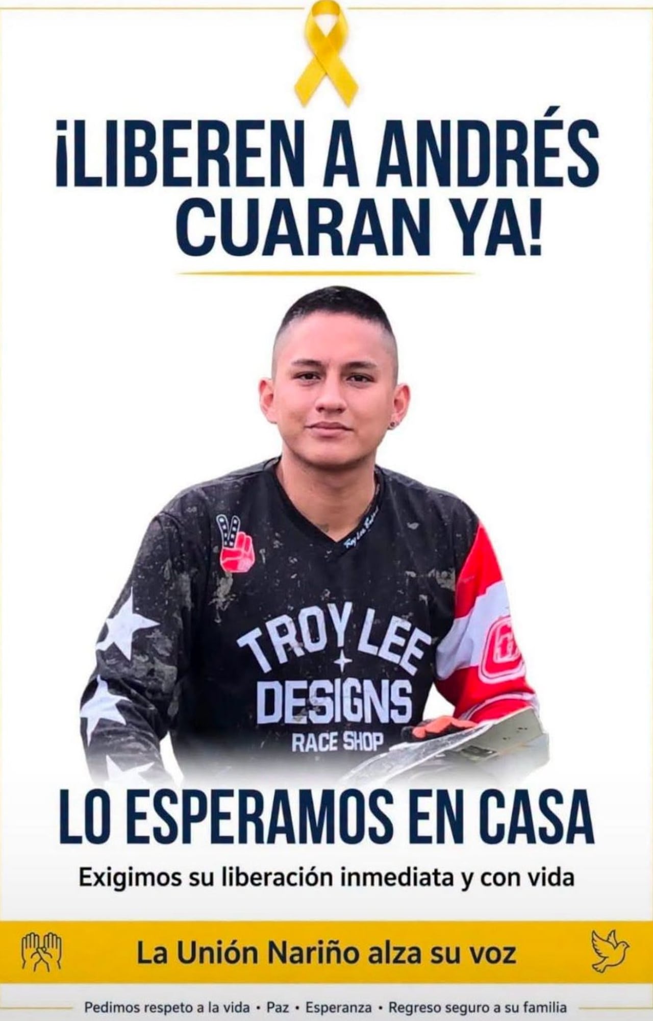 Familiares y allegados de Andrés Cuarán esperan su regreso sano y salvo a casa, en medio de una preocupante cadena de secuestros que mantiene a Nariño entre los departamentos más afectados del país. Foto: redes sociales.