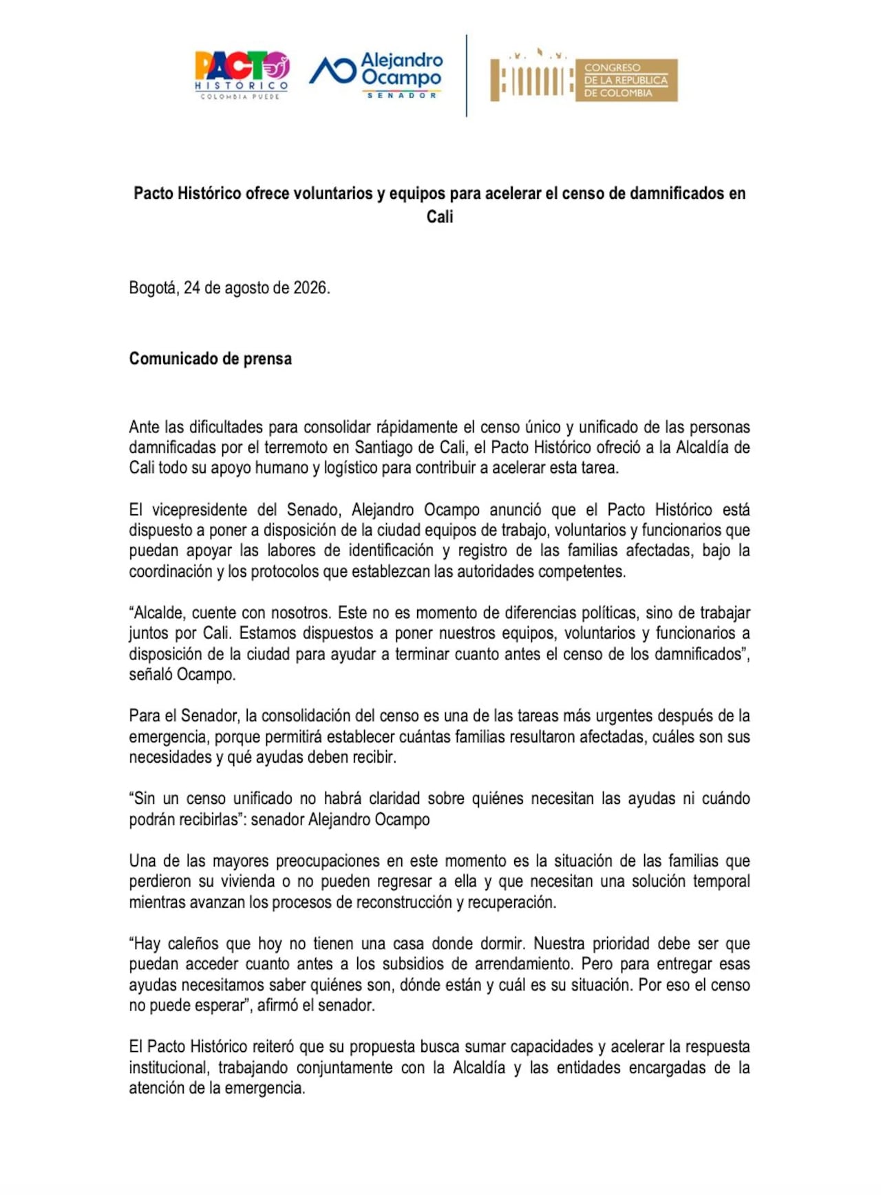 Pacto Histórico se ofrece para apoyar las labores de identificación y registro de las familias afectadas tras terremoto en Cali.
