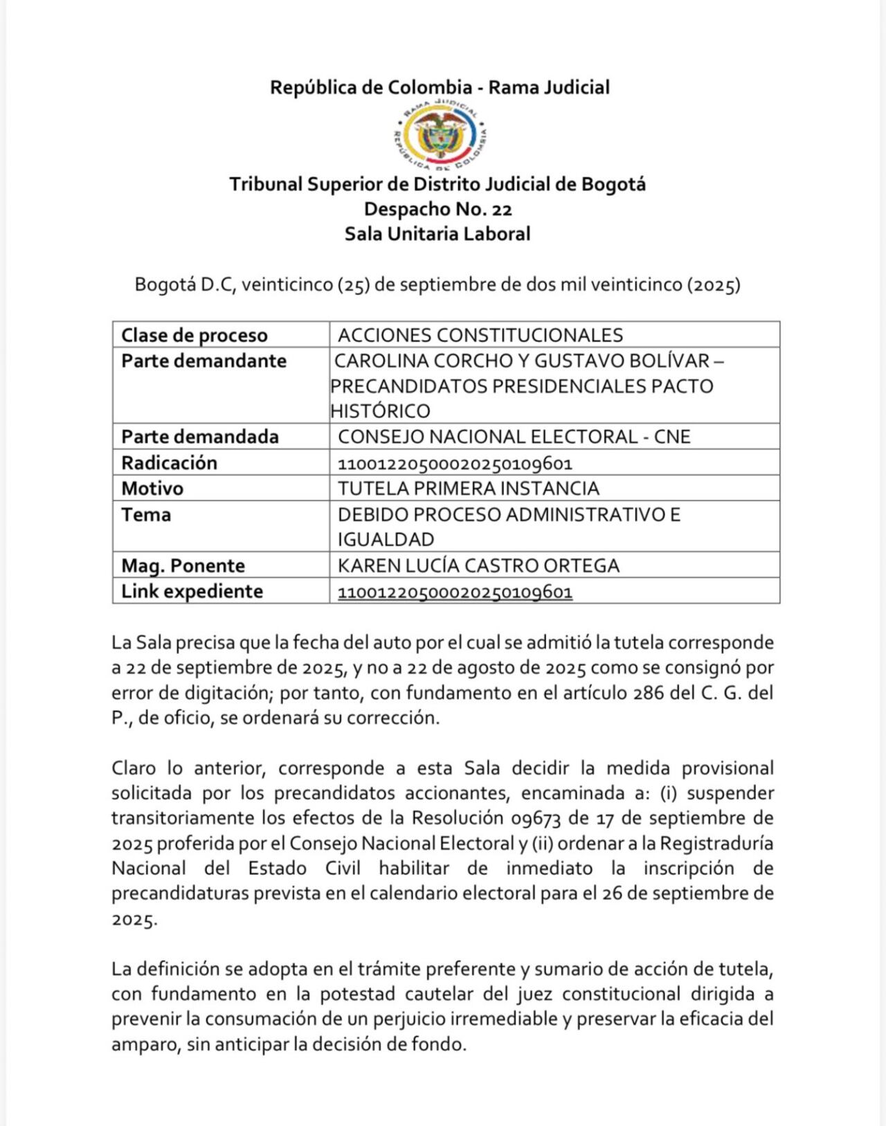 Tribunal Superior de Bogotá respalda la inscripción de candidatos del Pacto Histórico a la Consulta presidencial.