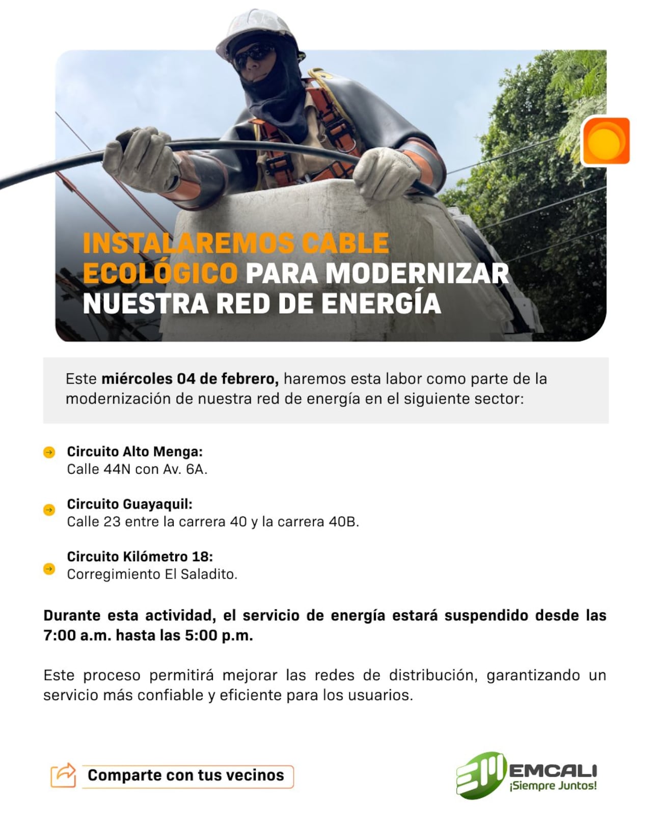 La empresa adelantará cambio de postes e instalación de cable ecológico como parte de la modernización de la red.