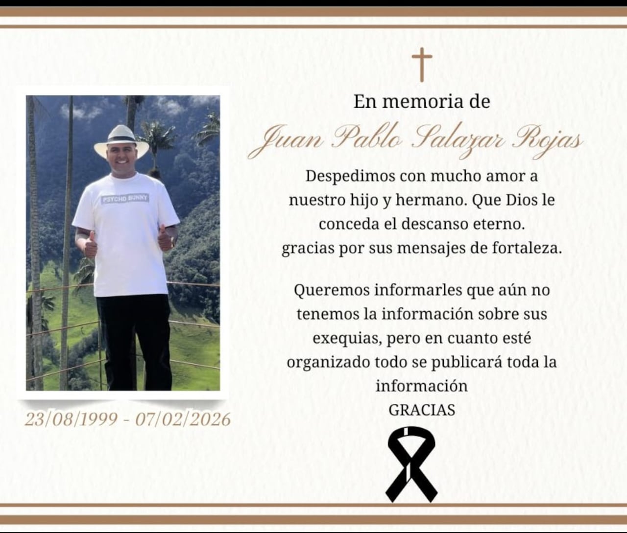 Con este mensaje, los comerciantes de La Esmeralda confirmaron la partida de Juan Pablo Salazar, quien resultó gravemente herido en el accidente de tránsito registrado el 27 de enero en Pescador, Caldono.