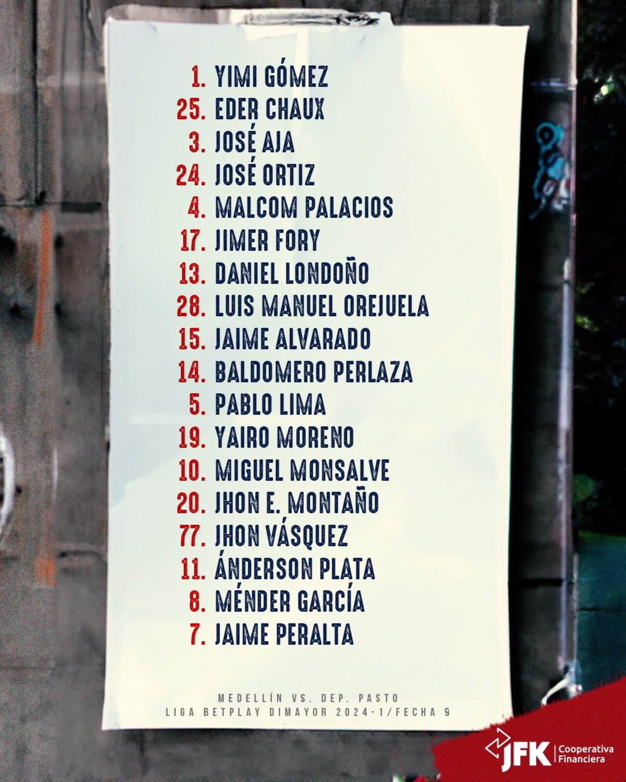Nomina del Medellín para enfrentar al Pasto en el Atanasio.