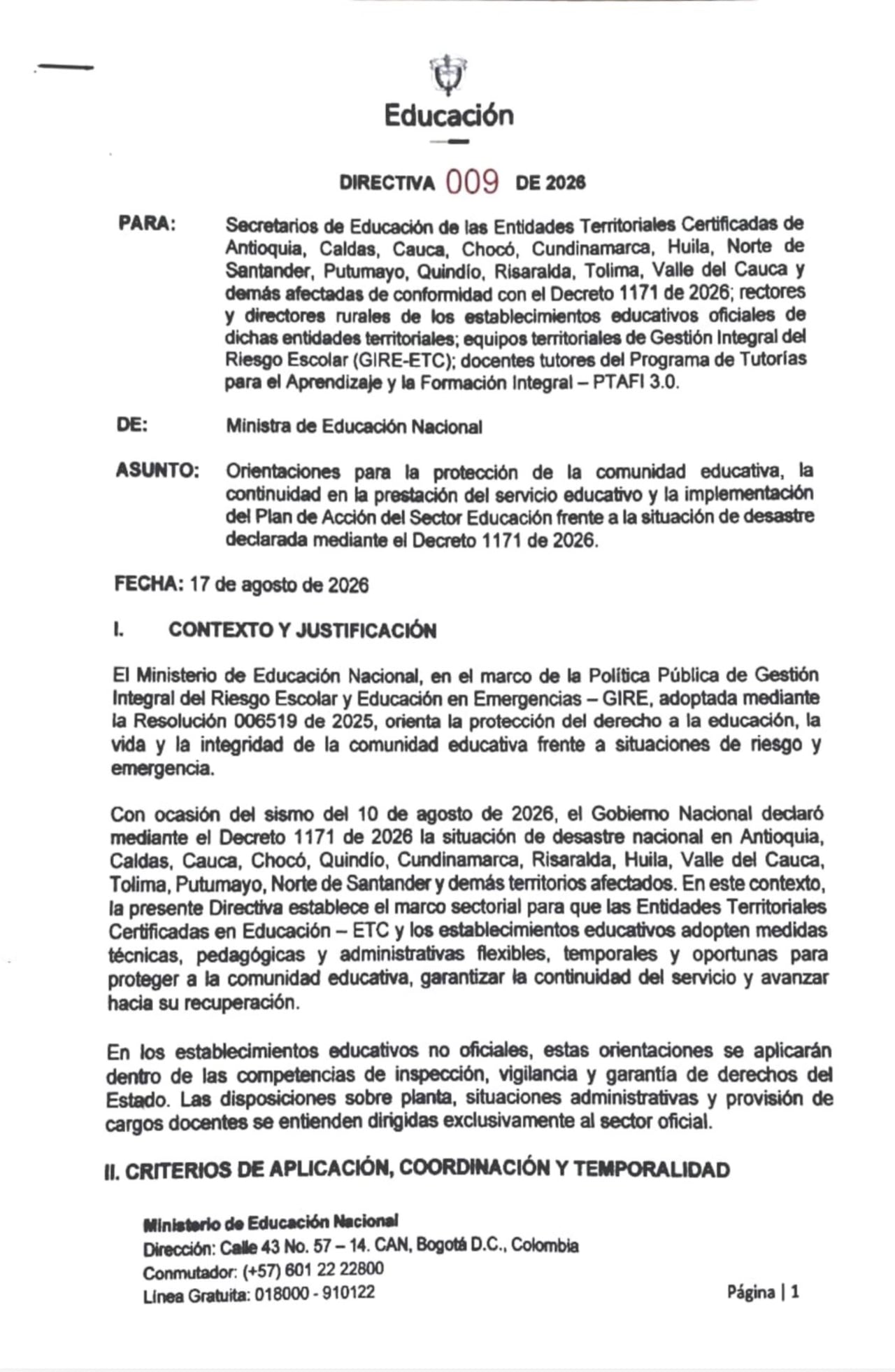 Directiva 009 presenta las orientaciones para la protección de la comunidad educativa