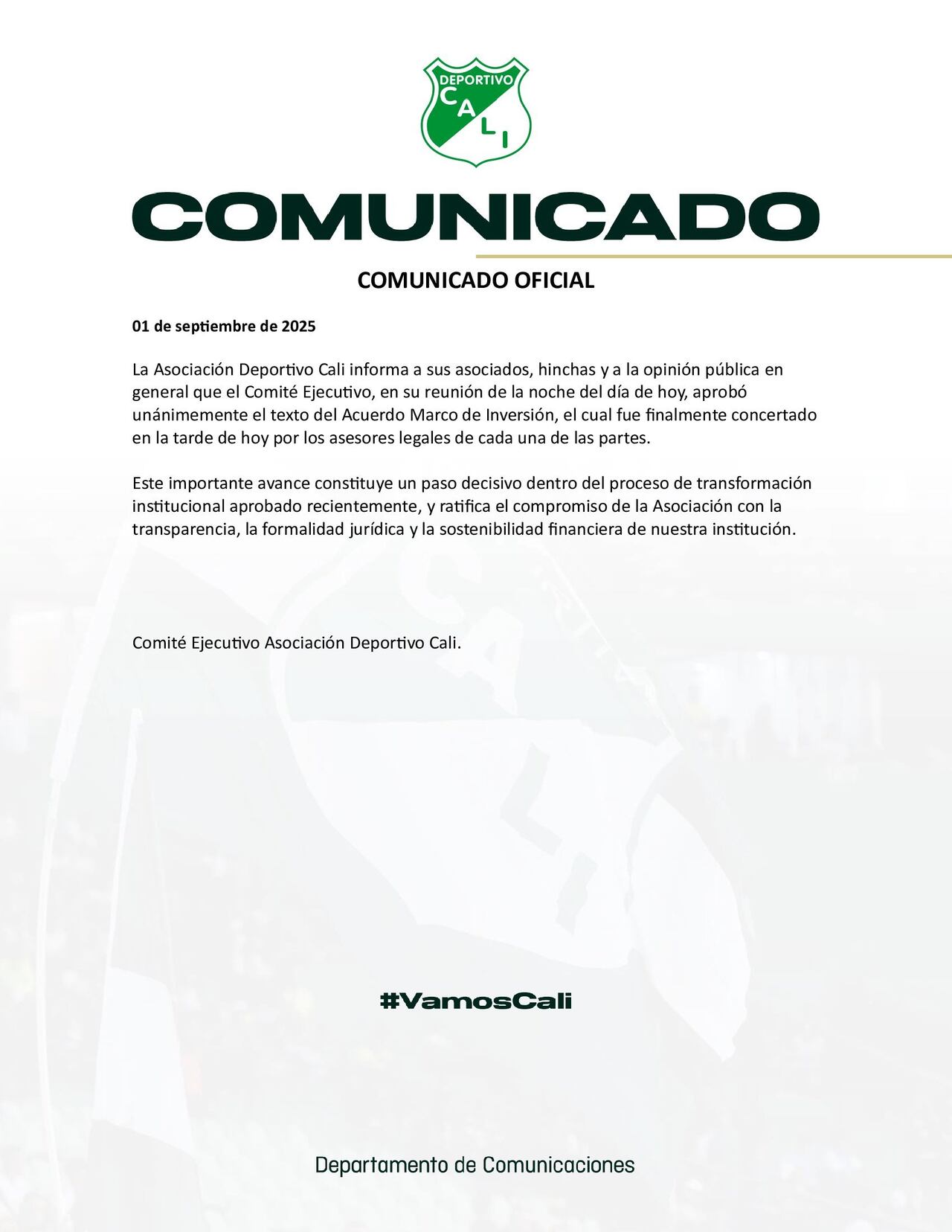 El club vallecaucano confirmó la aprobación unánime de su Comité Ejecutivo al Acuerdo Marco de Inversión con IDC.