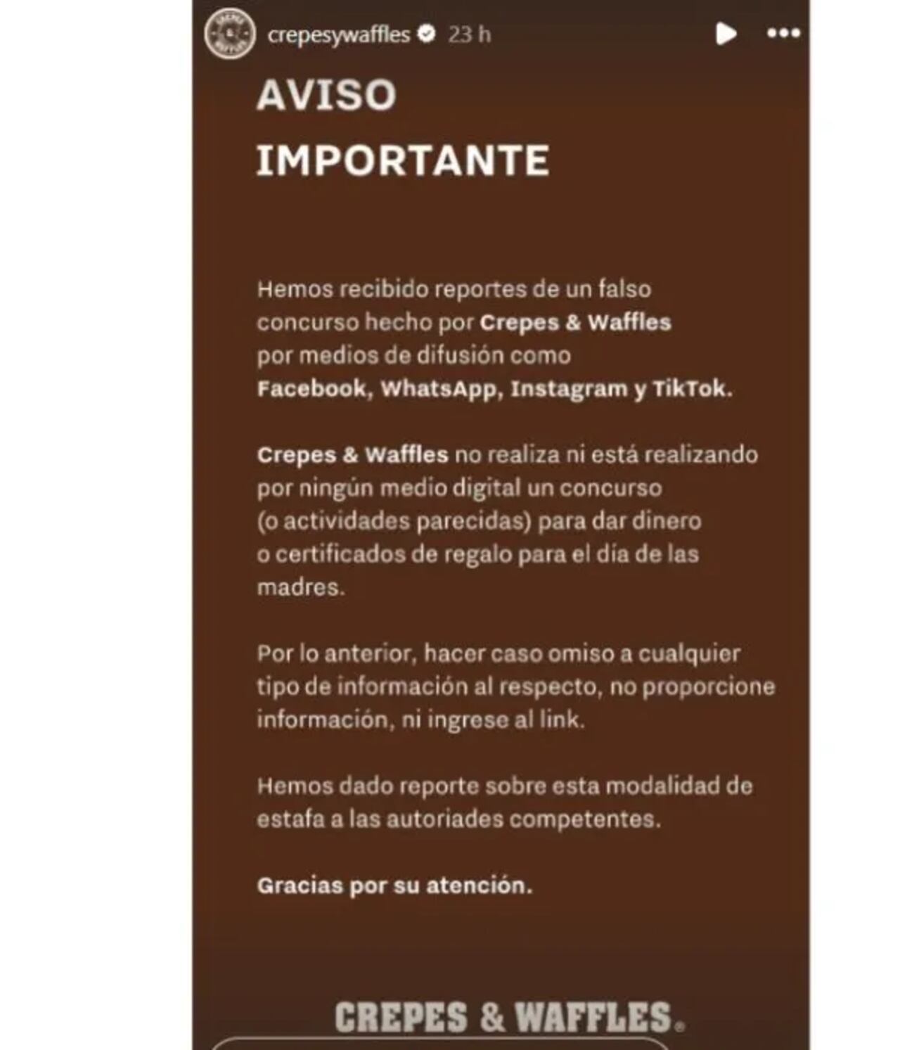 Crepes & Waffles advierte sobre estafas para el Día de la Madre.