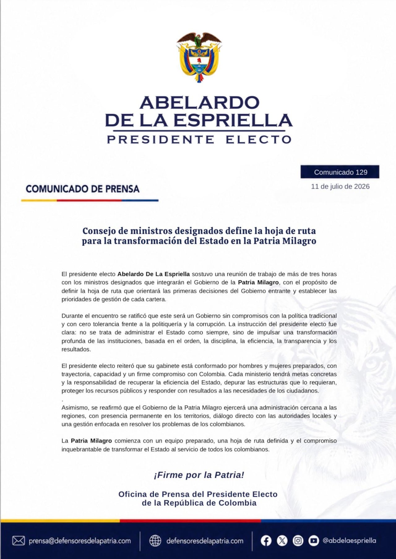 El presidente electo, Abelardo De La Espriella, lideró un consejo de trabajo con los ministros designados para definir la hoja de ruta del Gobierno entrante.