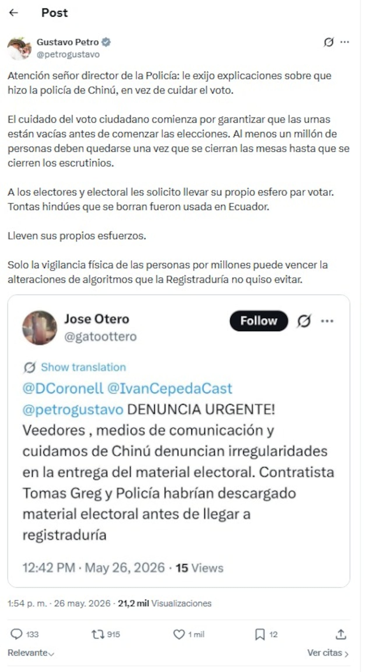 Petro denunció posibles anomalías electorales