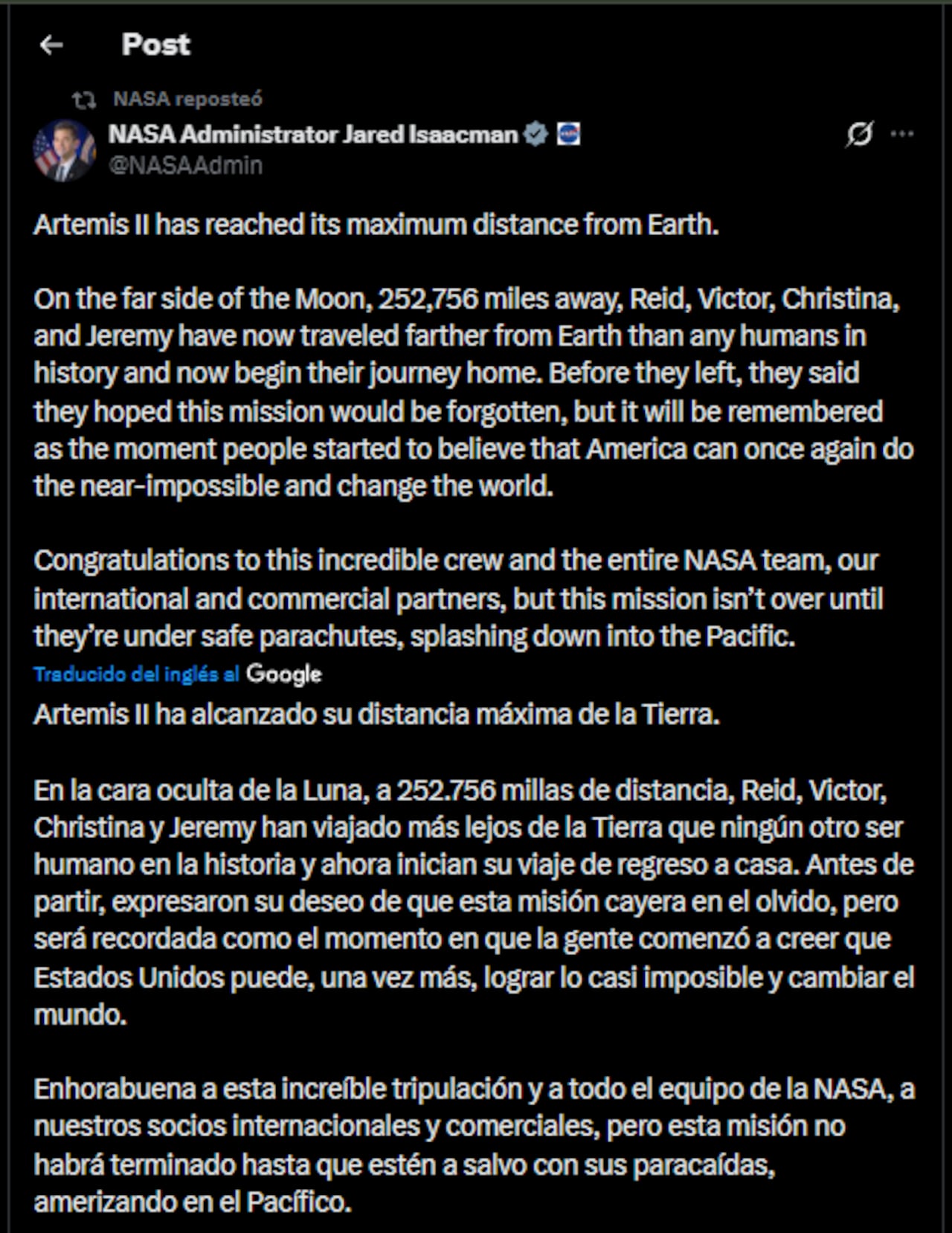 Mensaje publicado por el director de la Nasa: Jared Isaacman @NASAAdmin