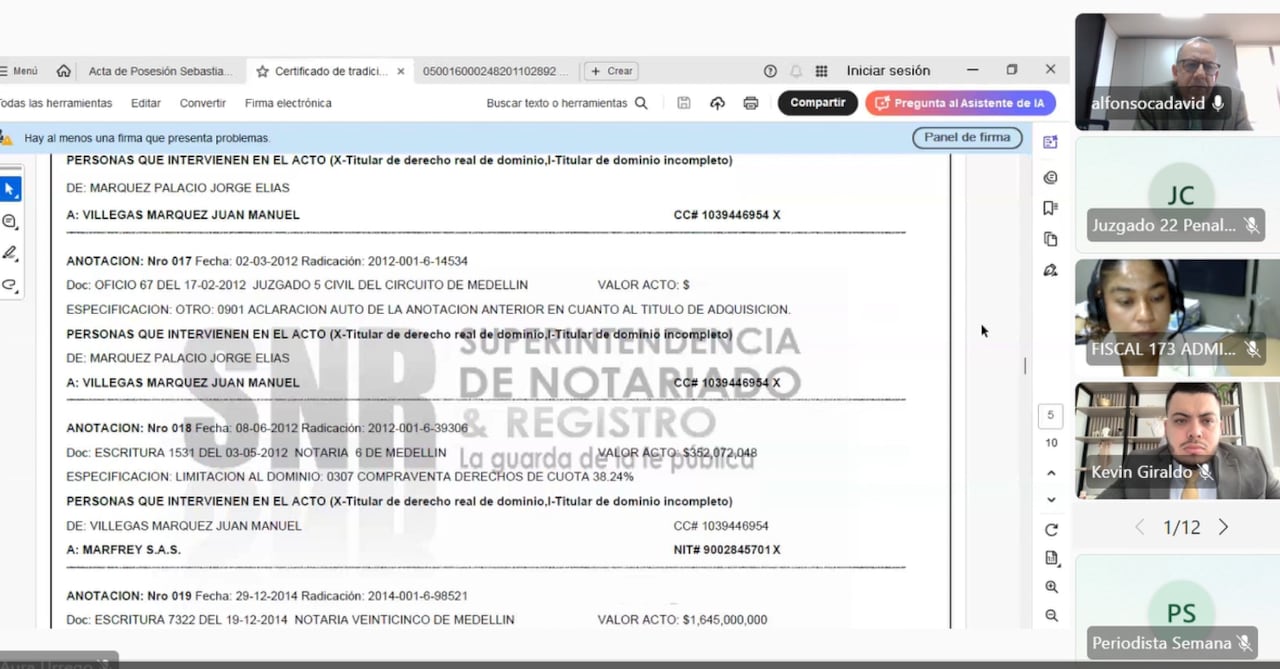 Folio de matrícula inmobiliaria lote Aguas Vivas exhibido en audiencia contra Daniel Quintero.