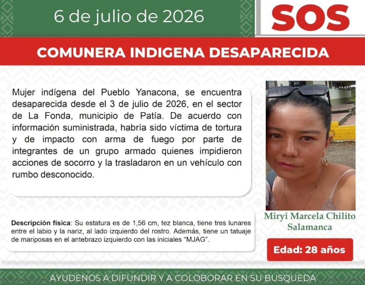 El CRIC activó una alerta urgente por la desaparición de Miryi Marcela Chilito Salamanca, comunera del pueblo Yanacona, vista por última vez el 3 de julio en el sector de La Fonda, municipio de Patía, al sur del Cauca.