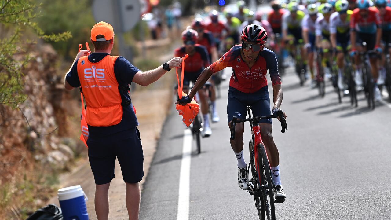 URRIANA, SPAIN - AUGUST 30: Egan Bernal of Colombia and Team INEOS Grenadiers competes in the feeding area during the 78th Tour of Spain 2023, Stage 5 a 184.6km stage from Burriana to Burriana / #UCIWT / on August 30, 2023 in Morella, Spain. (Photo by Tim de Waele/Getty Images)