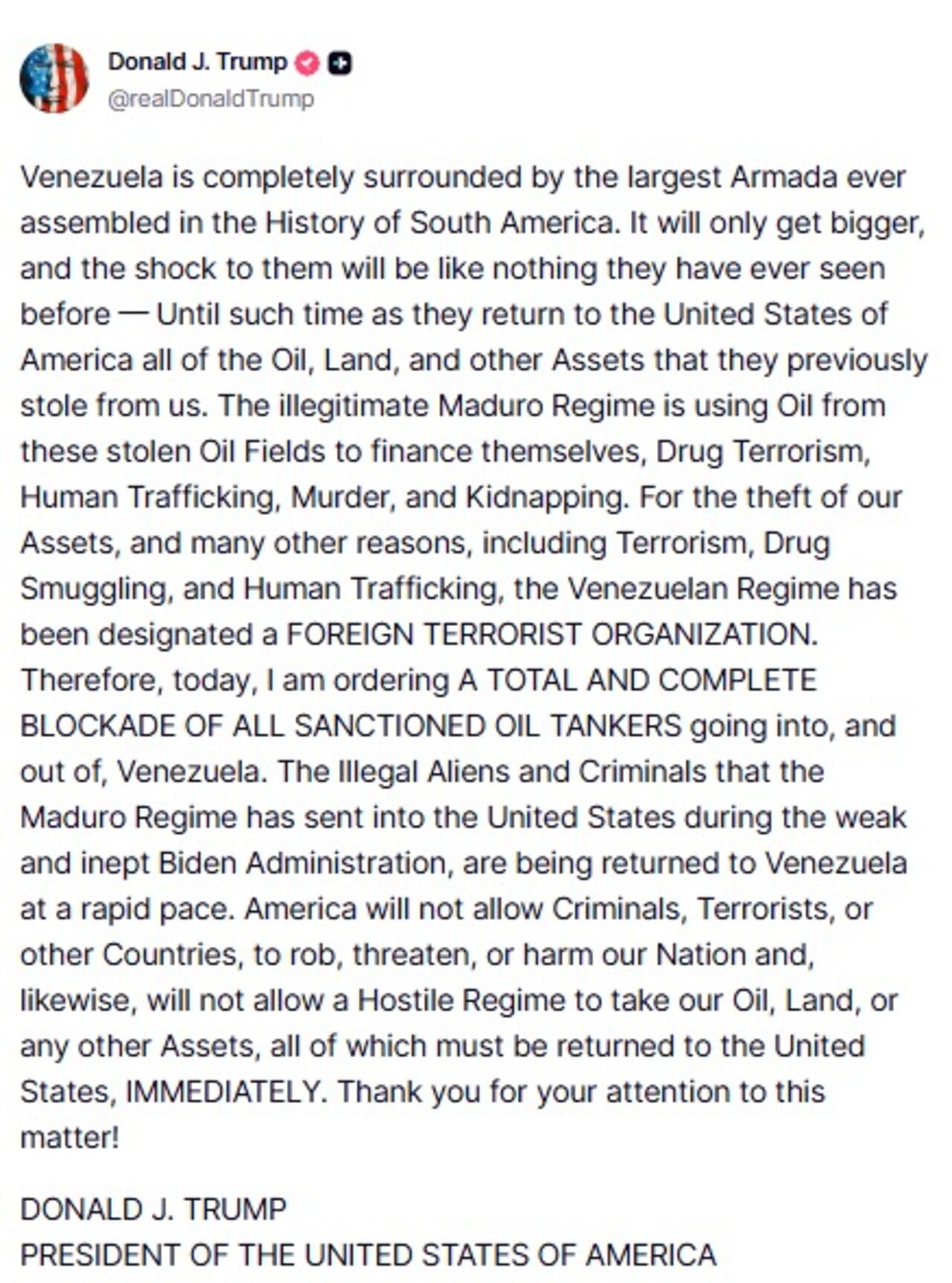 El anuncio fue hecho a través de un extenso mensaje publicado en su red social Truth Social.