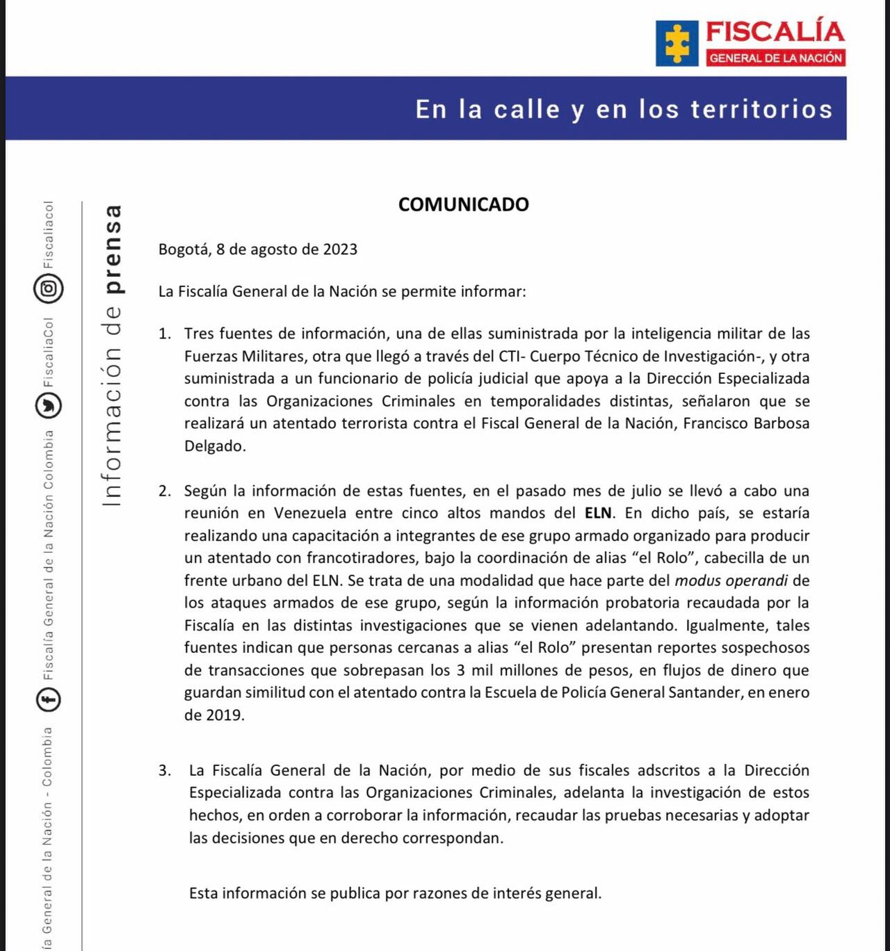 Comunicado de le Fiscalía, sobres supuesto plan para asesinar al fiscal Francisco Barbosa.