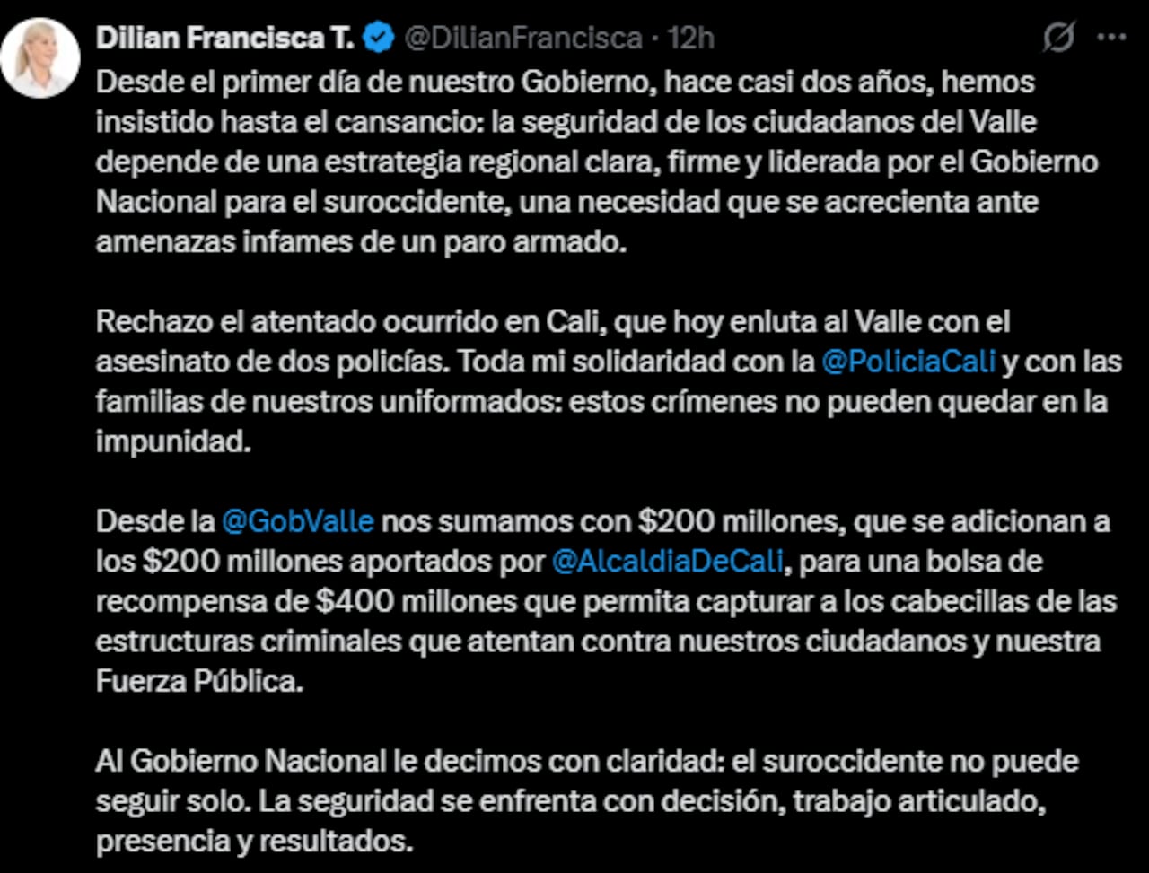 La respuesta presidencial se produjo luego de que la gobernadora del Valle del Cauca afirmara públicamente que los departamentos están enfrentando la crisis de seguridad.