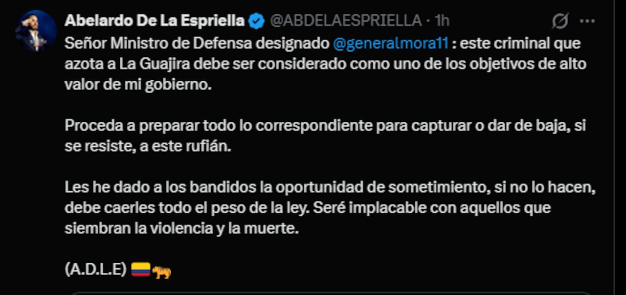 Abelardo De La Espriella. El mandatario entrante utilizó sus canales oficiales para emitir un pronunciamiento.,