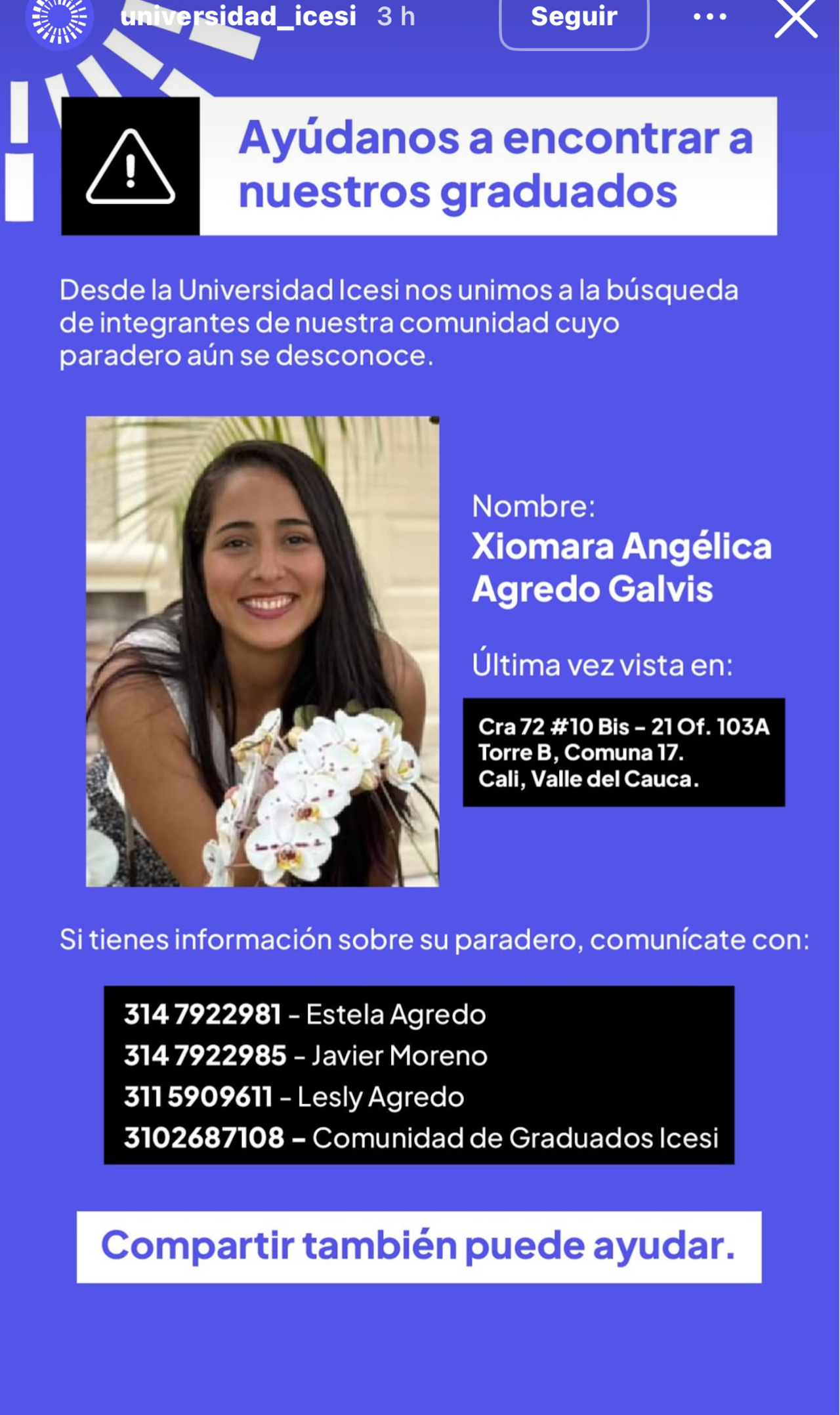 Esta es la publicación que realizó la Universidad Icesi sobre la desaparición de Xiomara Ágredo.