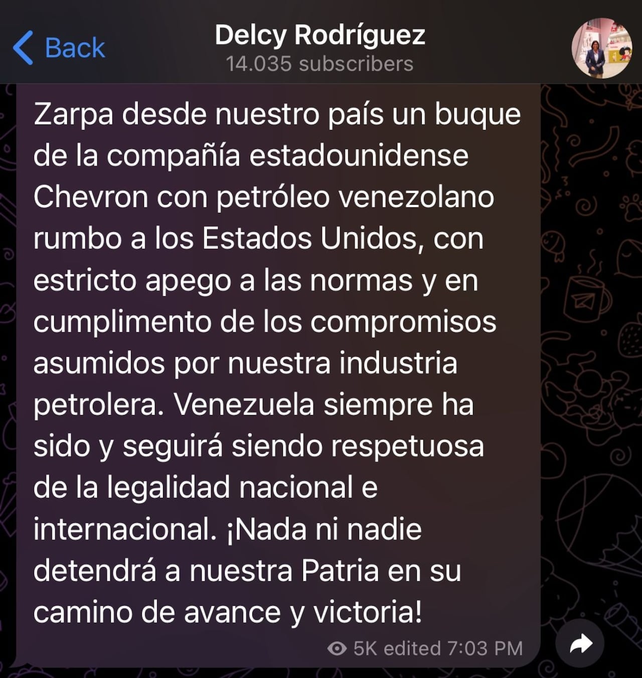 Este es el mensaje que dejó la vicepresidenta venezolana, Delcy Rodríguez, en su cuenta de Telegram.