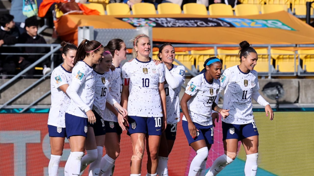 WELLINGTON, NEW ZEALAND - JULY 27: Lindsey Horan #10 of USA celebrates her goal with teammates during the FIFA Women's World Cup Australia & New Zealand 2023 Group E match between USA and Netherlands at Wellington Regional Stadium on July 27, 2023 in Wellington / Te Whanganui-a-Tara, New Zealand. (Photo by Zhizhao Wu/Getty Images )