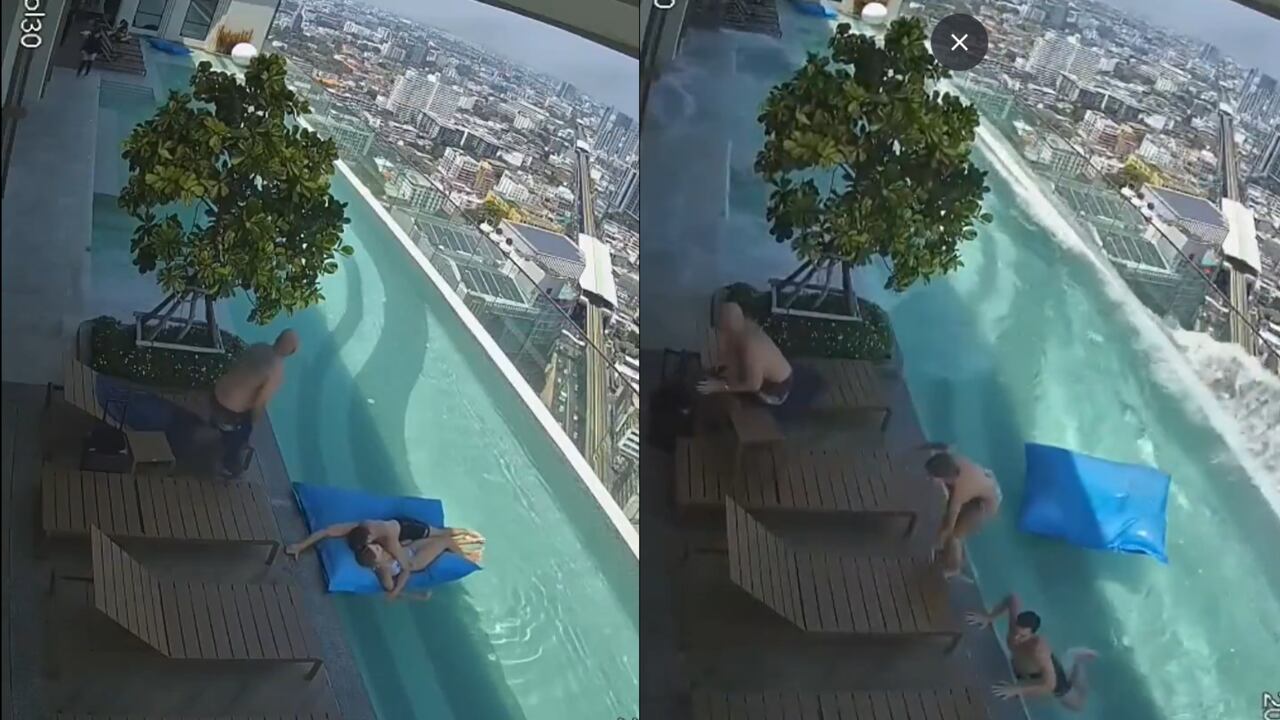 Así logró salir del agua la pareja que disfrutaba de la piscina.