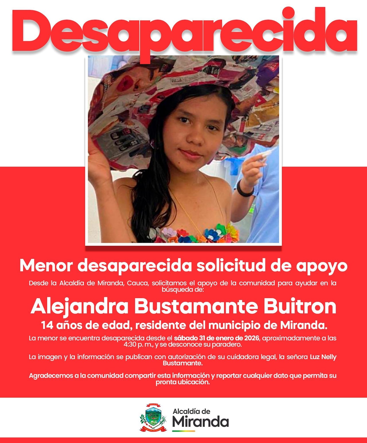 Alejandra Bustamante Buitrón, de 14 años de edad, fue vista por última vez el 31 de enero en el municipio de Miranda, Cauca; indicó la alcaldía.